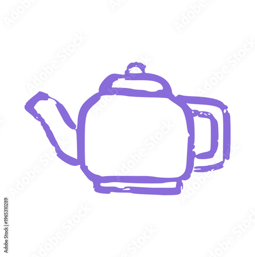 ceramic teapot kettle, hand drawn, crayon wax, doodle element, hot tea service, breakfast kitchenware, or teatime concept, rough texture drawing icon