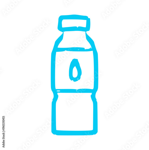 mineral water bottle, hand drawn, crayon wax, doodle element, plastic drink container, fresh hydration, or healthy lifestyle concept, rough texture drawing icon