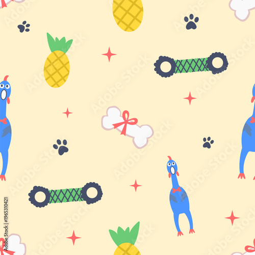 Playful citrus dog chew toys seamless pattern with bone and pineapple rubber toy. Summer tropical vector illustration for pet accessory packaging and fabric design