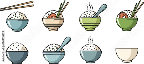 Assortment of colorful bowls filled with rice, garnishes, and utensils
