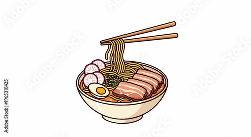 Appetizing bowl of ramen with pork, egg, and radish, lifted by chopsticks