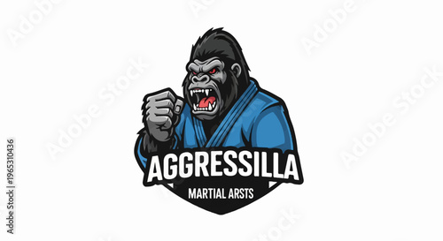 Aggressive gorilla in martial arts uniform, fierce expression, fists raised