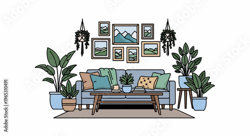 Cozy living room with plants, paintings, and a blue couch