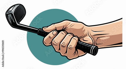 Cartoon hand gripping a golf club against a teal circle backdrop