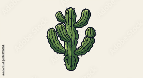 Cartoonish green cactus with dark outlines and spiky arms