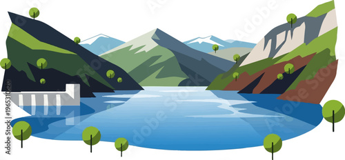 Calm lake surrounded by mountains and a dam, with trees dotting the landscape