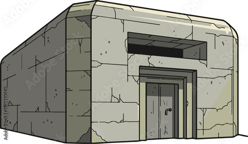 Cartoon illustration of a stone pillbox with a door and slit