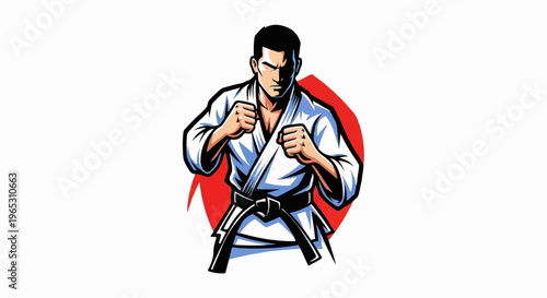 Determined martial artist in a white gi with black belt stands ready