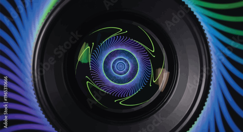 Close up of a professional camera lens reflecting an intense neon purple and green swirling vortex tunnel illusion