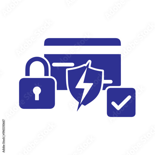 Blue vector illustration shows banking credit card shielded by lightning protection symbol and successful confirmation badge.