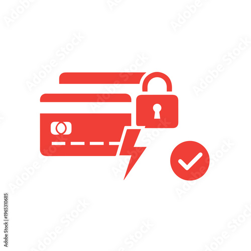 Red graphic icon illustrates secure digital credit card payment authorization with lightning bolt confirmation.