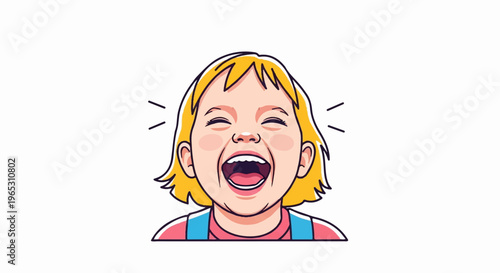 Close-up of a joyful child with blonde hair, laughing heartily