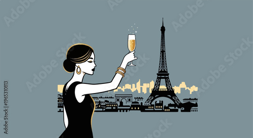 Elegant woman with champagne toasts Paris skyline featuring Eiffel Tower