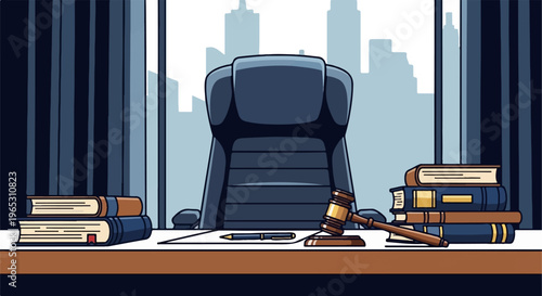 Empty office with gavel, books, pen, chair, and cityscape backdrop