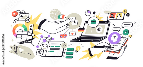 Digital education, e-learning concept. Virtual distant classes, courses, online study. Elearning, remote training, web technology with laptop. Flat vector illustration isolated on white background