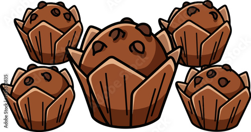 Five chocolate chip muffins arranged in a whimsical cluster