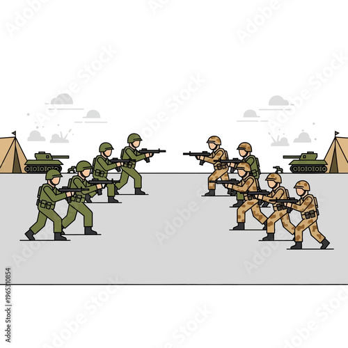 Military conflict scene with soldiers and tanks, cartoon style