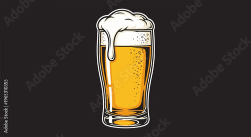 Close-up of a tall glass of frothy golden beer with bubbles