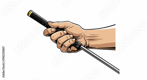 Close-up illustration of a hand gripping a golf club with a black grip