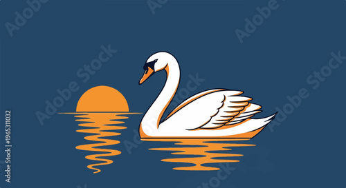 Graceful swan glides on tranquil waters during a vibrant sunset