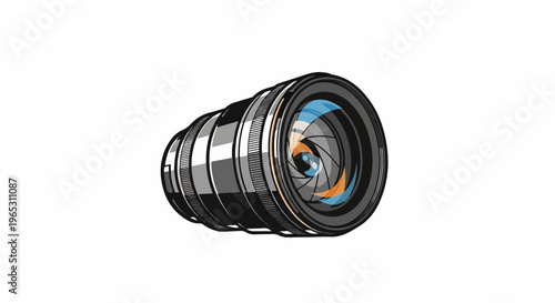 Close-up illustration of a camera lens with intricate diaphragm blades and vibrant reflections