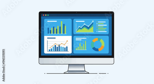 Computer screen displays various colorful data charts and graphs