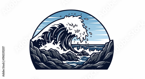Stylized crashing wave against rocky shore within a blue arch