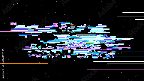 Abstract digital glitch vector in pixel art style with red pink accents, focused on digitalization and data transformation. Dark background with subtle noise enhances contrast. Ideal for tech brand...