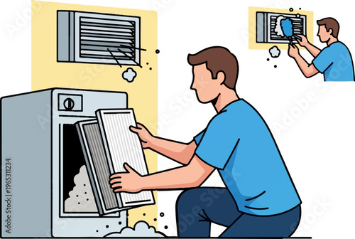 Man cleans air filter for appliance, inset shows cleaning vent