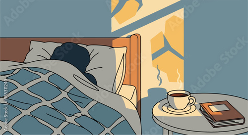 Cozy morning in bed with coffee and a book, sunlight streaming in