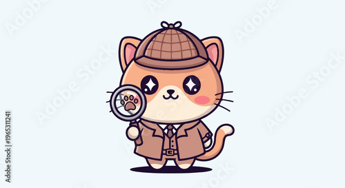 Cute cartoon cat dressed as a detective with a magnifying glass