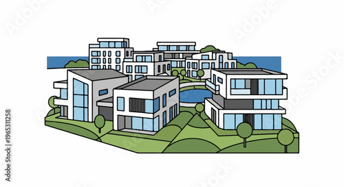 Modern architectural complex with houses, water feature, and greenery