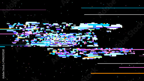 Pixelated glitch vector with red pink tones, digitalism concept in pixel art aesthetics for tech and gaming use. Dark background with subtle noise enhances contrast. Ideal for tech branding, UI, an...