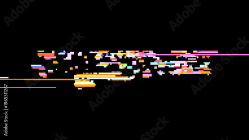 Futuristic glitch vector showing digital transformation, pixel art mood and red pink highlights for modern tech design. Dark background with subtle noise enhances contrast. Ideal for tech branding,...