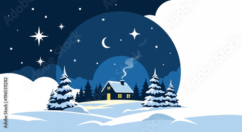 Cozy snow-covered cabin under starry night sky with moon