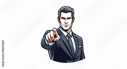 Confident man in a dark suit points forward, conveying directness and decision