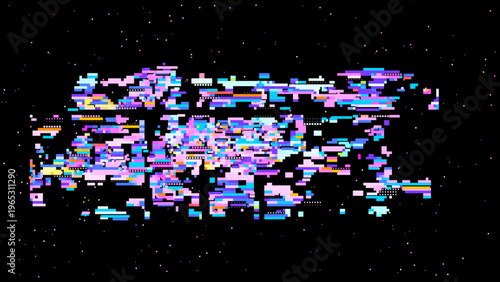 Pixelated glitch vector with red pink tones, digitalism concept in pixel art aesthetics for tech and gaming use. Dark background with subtle noise enhances contrast. Ideal for tech branding, UI, an...