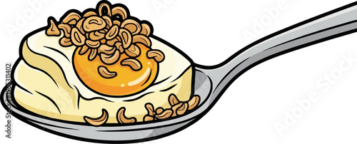 Spoonful of creamy dessert with bright yellow center and crunchy toppings