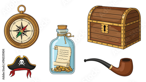Pirate themed adventure items including a compass, a treasure chest, a message in a bottle, a captain hat, and a wooden smoking pipe.