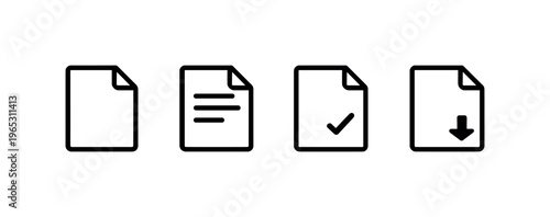 Minimal black document icons for file, text, approved checklist, and download on a soft gray background, representing digital paperwork workflow