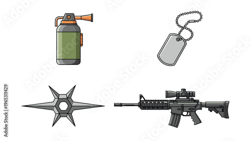 Collection of military and tactical items includes a smoke grenade, metal dog tags, a throwing star, and a modern assault rifle with scope.