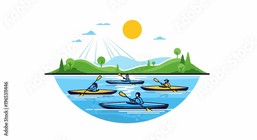 People kayaking on a lake with a scenic landscape and sun