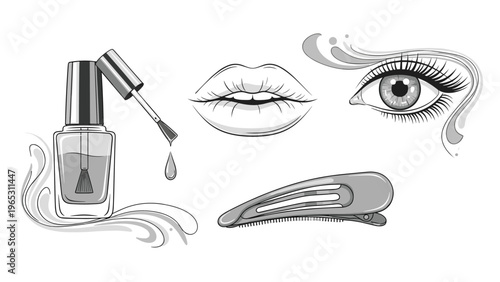 Beauty and cosmetics elements including nail polish, an eye with lashes, a hair clip, and lips are shown in a monochrome artistic style.
