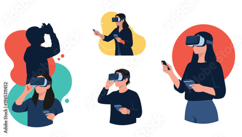 Diverse group of people wearing virtual reality headsets are interacting with digital content in a colorful flat vector illustration.