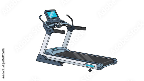 Modern electric treadmill with a digital display screen and side rails is illustrated for fitness, running, and cardiovascular exercise.