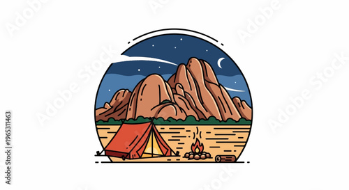 Desert camping at night with mountains, tent, and campfire