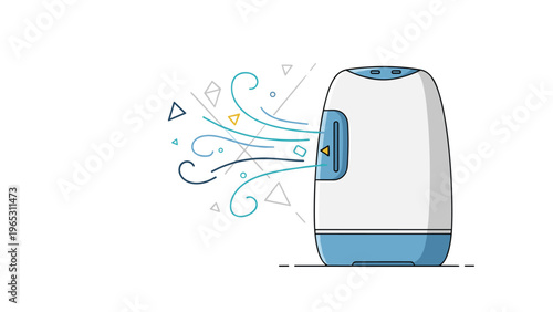 Compact air purifier or humidifier unit emits stylized air flow lines and geometric patterns indicating clean and fresh indoor air quality.