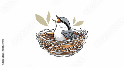 Small bird chirping in nest with leaves