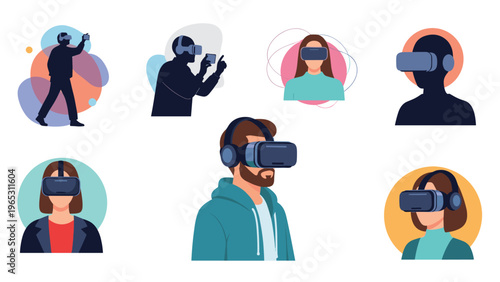 Collection of avatars showing people wearing virtual reality goggles explores various angles and styles of immersive digital technology.
