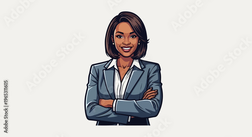 Professional woman with arms crossed in a gray suit, smiling